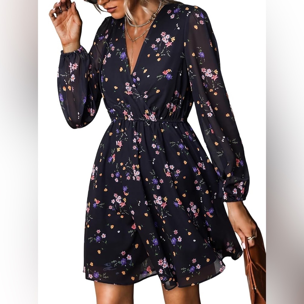 Black Floral Mini Dress with V-Neck